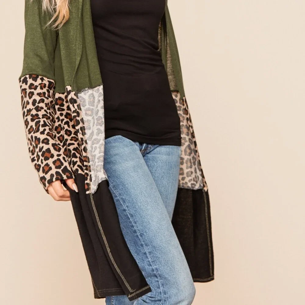 HAPTICS BOHO LEOPARD ANIMAL COLOR BLOCK MEDIUM LONG SLEEVE POCKETS CARDIGAN - Picture 5 of 12